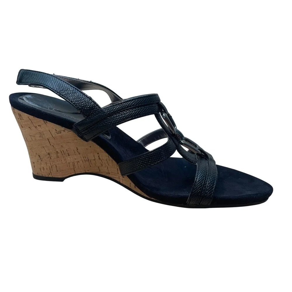 AK Anne Klein Chanatj Black Textured Cork Wedge Slingback Sandals‎ 9M